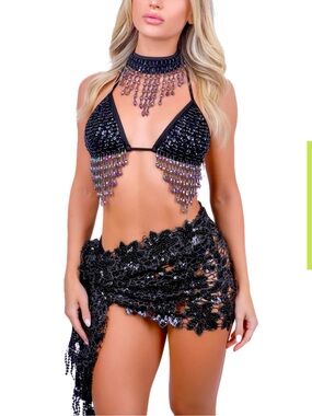 Black Beaded Fringe Bikini Top and Lace Sarong Set